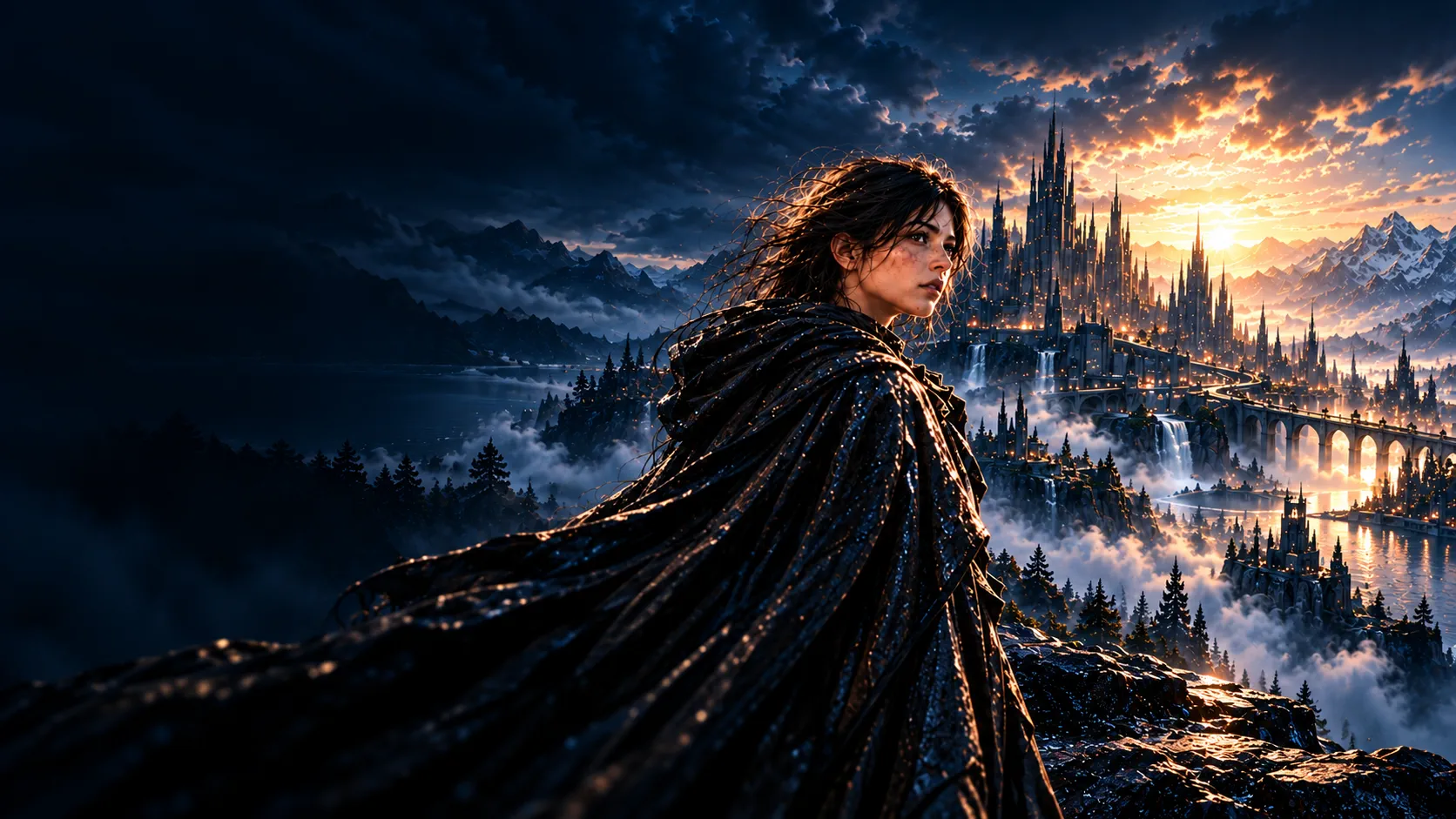 Personagem diante de uma cidade fantástica em uma paisagem cinematográfica